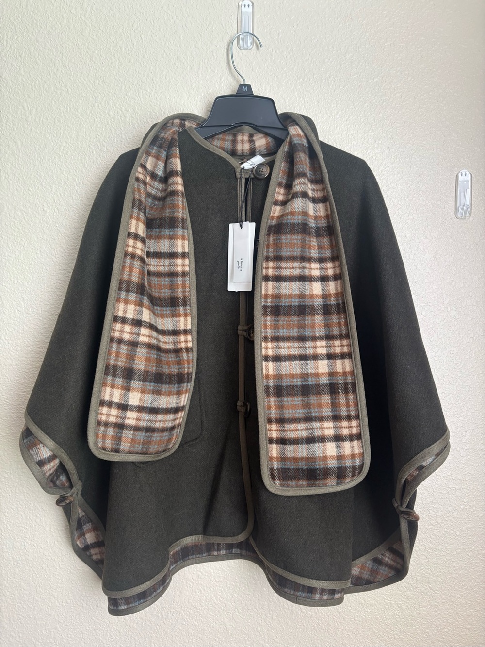 A Loves A girls  Olive Green Plaid-Lined Cape Jacket- NWT